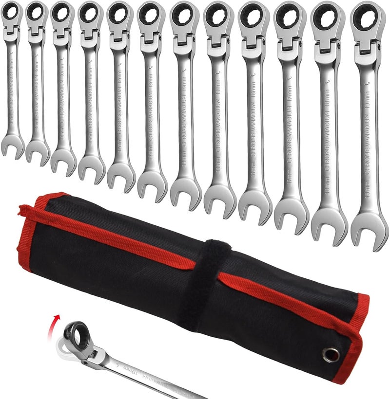 WISEUP 12Pcs Ratchet Wrench, CR-V Chrome-vanadium Steel 8-19mm Wrench, 180 ° Adjustable Combination Wrenches, Double-end Ratchet Wrench, Anti-slip Rust-proof, Labor-saving Tools - Image 1